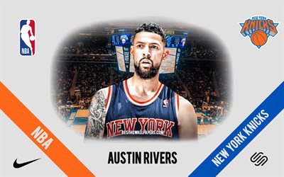 Austin Rivers, New York Knicks, jogador americano de basquete, NBA, retrato, EUA, basquete, Madison Square Garden, logotipo do New York Knicks