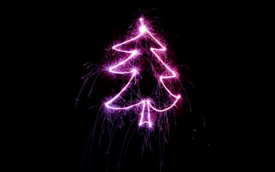 4k, albero di natale al neon, minimalismo, felice anno nuovo, sfondo nero, alberi di natale, concetti di natale, albero di natale viola