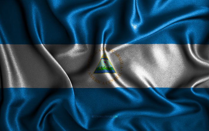 Nicaraguan lippu, 4k, silkki-aaltoilevat liput, Pohjois-Amerikan maat, kansalliset symbolit, kangasliput, 3D-taide, Nicaragua, Pohjois-Amerikka, Nicaragua 3D-lippu