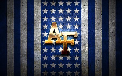 Air Force Falcons flag, NCAA, blue white metal background, american football team, Air Force Falcons logo, USA, american football, golden logo, Air Force Falcons