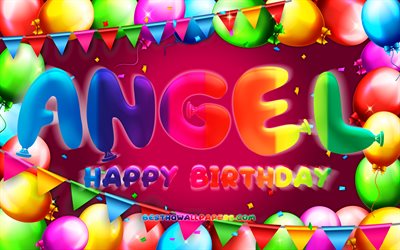 Happy Birthday Angel, 4k, colorful balloon frame, Angel name, purple background, Angel Happy Birthday, Angel Birthday, popular american female names, Birthday concept, Angel