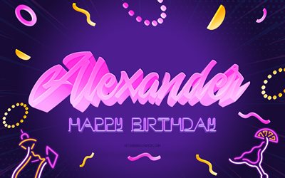 Happy Birthday Alexander, 4k, Purple Party Background, Alexander, creative art, Happy Alexander birthday, Alexander name, Alexander Birthday, Birthday Party Background