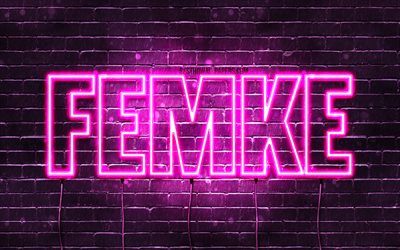 Femke, 4k, fonds d&#39;&#233;cran avec noms, noms f&#233;minins, nom Femke, n&#233;ons violets, joyeux anniversaire Femke, noms f&#233;minins n&#233;erlandais populaires, photo avec nom Femke
