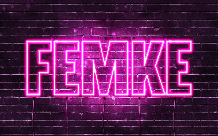 Femke, 4k, fonds d&#39;&#233;cran avec noms, noms f&#233;minins, nom Femke, n&#233;ons violets, joyeux anniversaire Femke, noms f&#233;minins n&#233;erlandais populaires, photo avec nom Femke