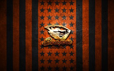 Oregon State Beavers-flagga, NCAA, orange svartmetallbakgrund, amerikanskt fotbollslag, Oregon State Beavers-logotyp, USA, amerikansk fotboll, gyllene logotyp, Oregon State Beavers
