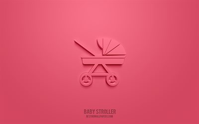Baby stroller 3d icon, pink background, 3d symbols, Baby stroller, Family icons, 3d icons, Baby stroller sign, Family 3d icons