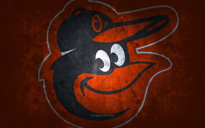 Baltimore Orioles, &#233;quipe de baseball am&#233;ricaine, fond de pierre orange, logo des Orioles de Baltimore, art grunge, MLB, baseball, USA, embl&#232;me des Orioles de Baltimore
