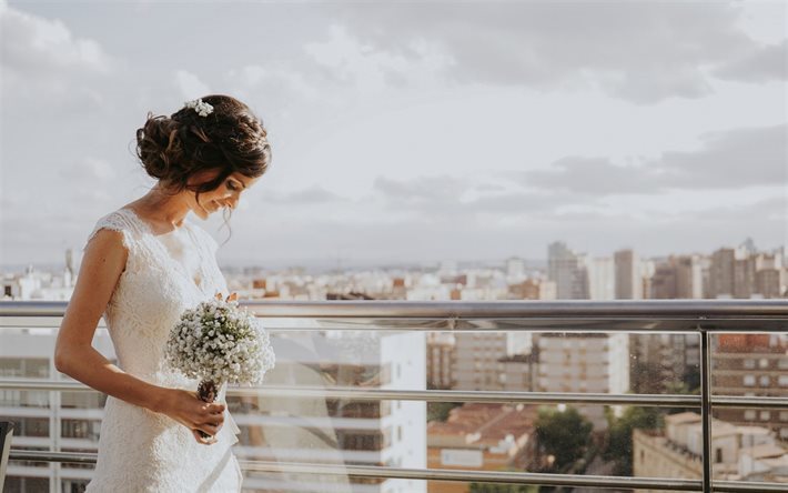 mariage, mari&#233;e, bouquet de mari&#233;e, sourire, belle femme, blanc robe