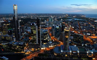 Sydney, pimeys, pilvenpiirt&#228;ji&#228;, skyline, illalla kaupunki, Australia