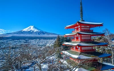 Le mont Fuji, au Japon, en hiver, les montagnes, les Chureito Pagode, Fujiyoshida