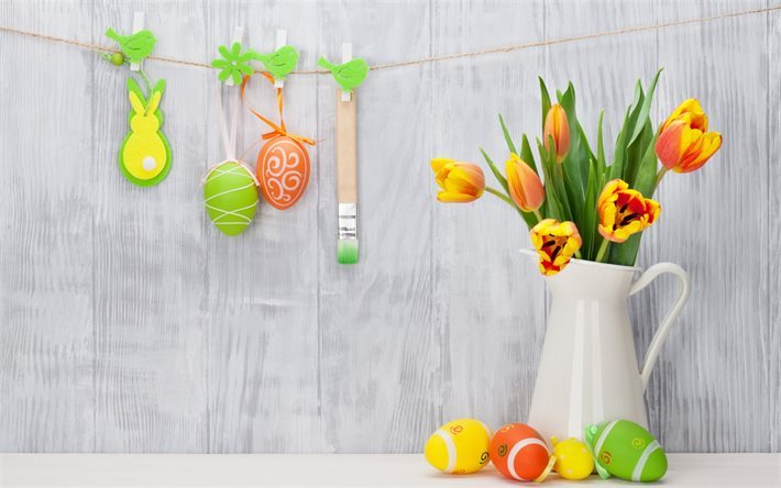 Easter, Easter decoration, tulips, spring bouquet, easter eggs