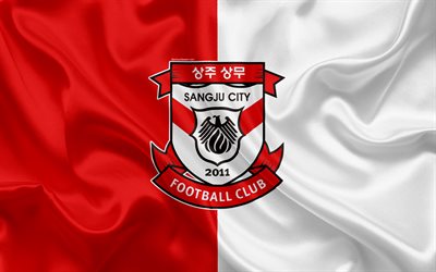 Sangju Sangmu FC, bandera de seda, 4k, logotipo, emblema, color rojo de seda blanca de textura, de corea del Sur club de f&#250;tbol, K de la Liga 1 de f&#250;tbol, Sanju, Corea del Sur