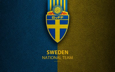 Sweden football team, 4k, leather texture, emblem, logo, football, Sweden