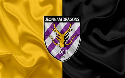 Jeonnam Dragons FC, silk flag, 4k, logo, emblem, yellow black silk texture, South Korean football club, K League 1, football, Gwangyang, South Korea
