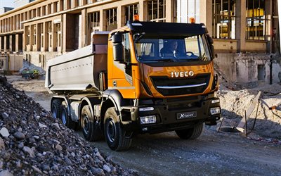 Iveco Stralis X-Way, 2017, tipper, 8x4, orange-black truck, transportation of crushed stone, building concepts, Super Loader, Iveco