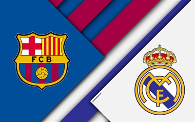 fc barcelona vs real madrid, dem el cl&#225;sico &quot; zwischen, 4k, logos, embleme, spanien meisterschaft, fu&#223;ball, la liga, spanien, barcelona, real madrid