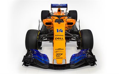McLaren MCL33, 2018, Formula 1, new racing car, front view, new cockpit protection, orange blue color, F1 racing, McLaren