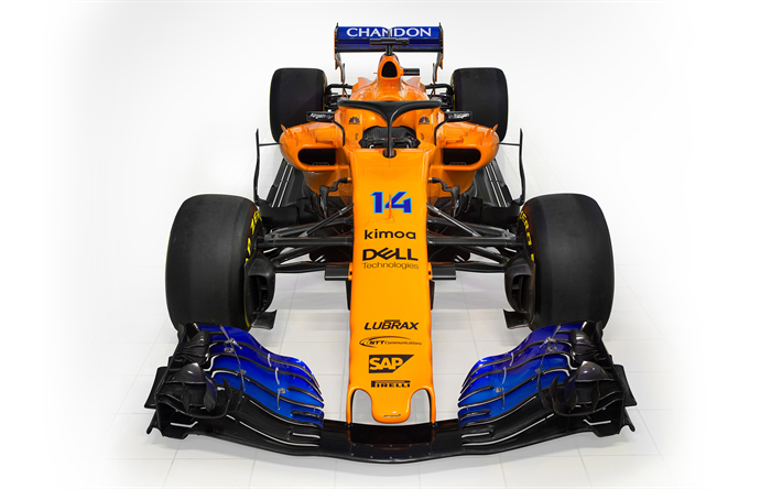 mclaren mcl33, 2018, formel 1, neue rennwagen, vorderansicht, neue cockpit-schutz, orange, blau, farbe, f1 racing, mclaren