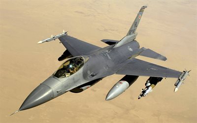 General Dynamics F-16, Fighting Falcon, American fighter, military aircraft, US Air Force, airplane in the sky, F-16, desert top view