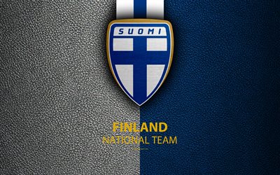 Finland national football team, 4k, leather texture, emblem, logo, football, Finland
