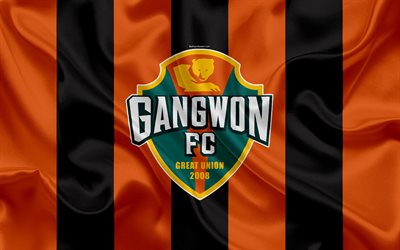 جانجون FC, الحرير العلم, 4k, شعار, أحمر أسود نسيج الحرير, كوريا الجنوبية لكرة القدم, ك الدوري 1, كرة القدم, غانغوون, كوريا الجنوبية