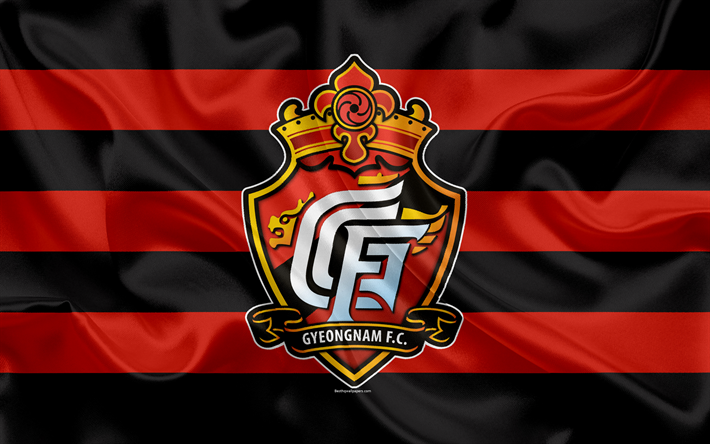 Gyeongnam FC, silk flag, 4k, logo, emblem, red black silk texture, South Korean football club, K League 1, football, Gyeongsangnam, South Korea