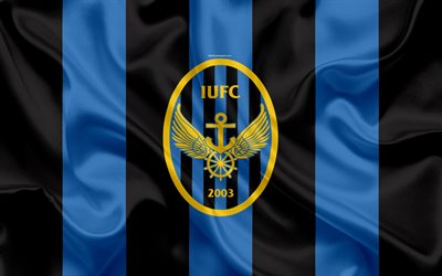 incheon united fc -, seide-flag, 4k, logo, emblem, blau, schwarz, seide textur, south korean football club, k-league 1, fussball, incheon, s&#252;d-korea