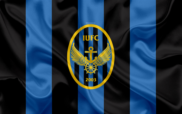 Incheon United FC, drapeau de soie, 4k, le logo, l&#39;embl&#232;me, le bleu de soie noire, la texture, le Sud-cor&#233;en du club de football, K de la Ligue 1, le football, Incheon, Cor&#233;e du Sud