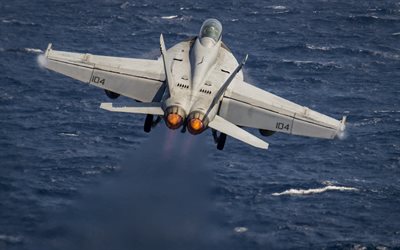 Boeing FA-18F Super Hornet, F-18, American fighter, US Navy, military aircraft, take off from an aircraft carrier, American deck fighter