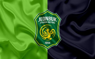 Jeonbuk Hyundai Motors FC, silk flag, 4k, logo, emblem, green gray silk texture, South Korean football club, K League 1, football, Jeonju, South Korea