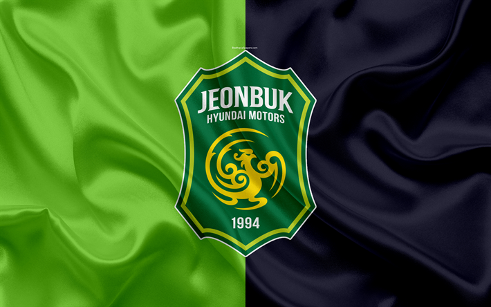 Jeonbuk Hyundai Motors FC, seta, bandiera, 4k, logo, simbolo, verde, grigio seta, texture, corea del Sud football club, K League 1, calcio, Jeonju, Corea del Sud