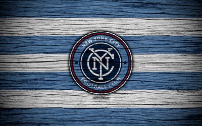 New York City, 4k, MLS, wooden texture, Eastern Conference, football club, USA, New York City FC, soccer, logo, FC New York City