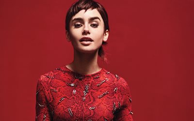 Lily Collins, 4k, Hollywood star, American actress, fashion model, red dress, make-up, beautiful woman