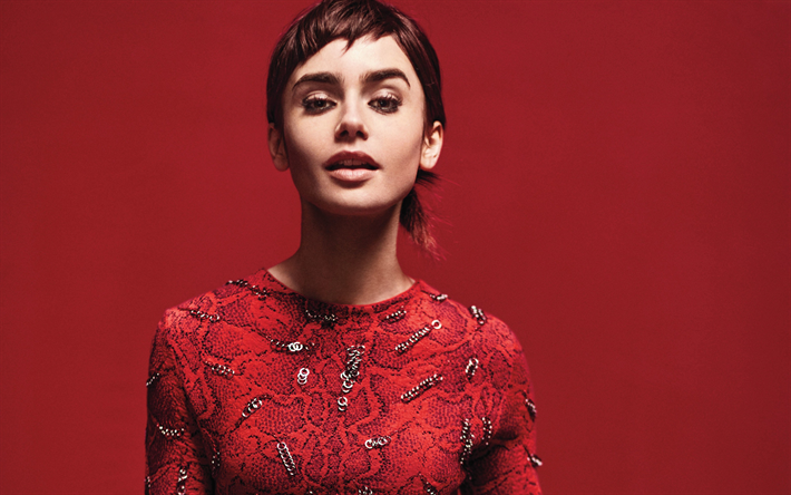 Lily Collins, 4k, Hollywood star, American actress, fashion model, red dress, make-up, beautiful woman