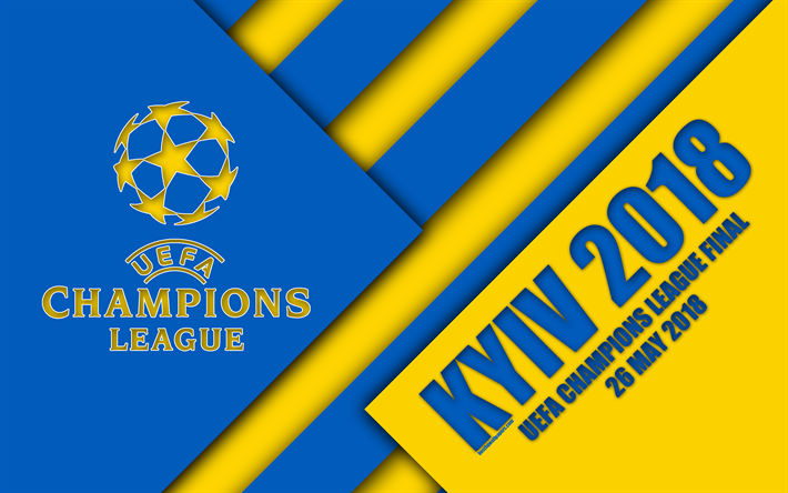 2018 Şampiyonlar Ligi Finali, Kiev, Ukrayna, 4k, logo, malzeme tasarım, Sarı-Mavi eylem, 2018 Kiev, Şampiyonlar Ligi, NSC Olimpiyat, son ma&#231;, futbol