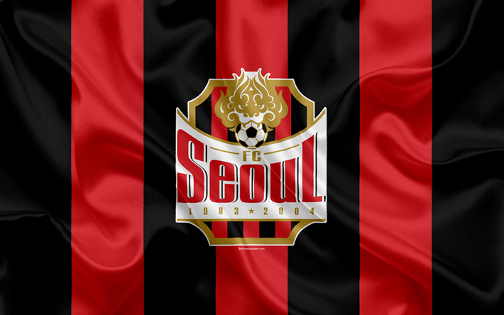 O FC Seoul, seda bandeira, vermelho preto de seda textura, Coreia do sul futebol clube, 4k, logo, emblema, K League 1, futebol, Seul, Coreia Do Sul