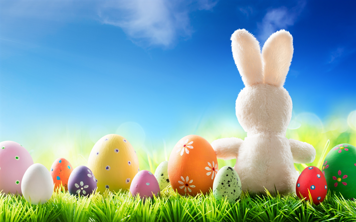 イースターの卵, 白うさぎ, 春, カラフルなイースターの卵, イースター, 緑の芝生, 装飾