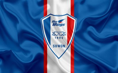 Suwon Samsung Bluewings FC, silk flag, 4k, logo, emblem, blue silk texture, South Korean football club, K League 1, football, Suwon, South Korea
