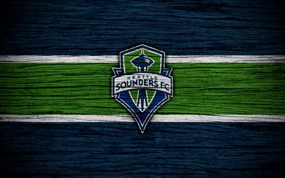 Seattle Sounders, 4k, MLS, wooden texture, Western Conference, football club, USA, Seattle Sounders FC, soccer, logo, FC Seattle Sounders