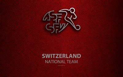 die schweiz-fu&#223;ball-nationalmannschaft, 4k, leder textur, wappen, logo, fussball, schweiz