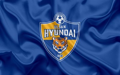 Ulsan Hyundai FC, silk flag, 4k, logo, emblem, blue silk texture, South Korean football club, K League 1, football, Ulsan, South Korea