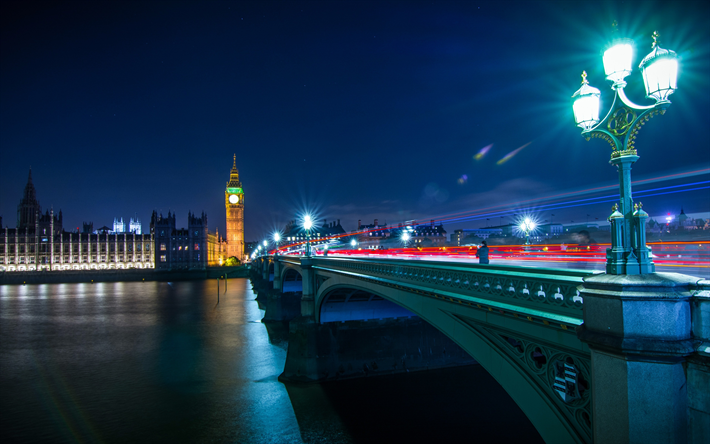 Westminster Bridge, Big Ben, 4k, Themsen, natt, London, Europa