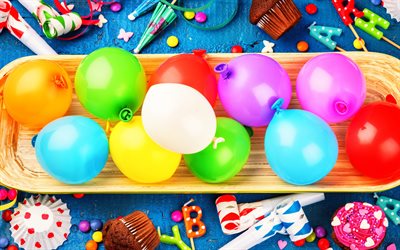 Happy Birthday, colorful balloons, holiday decoration, congratulations, cupcakes, Birthday