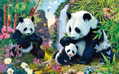 pandas, mother and cub, art, cute animals, Panda Valley, small panda, Ailuropoda