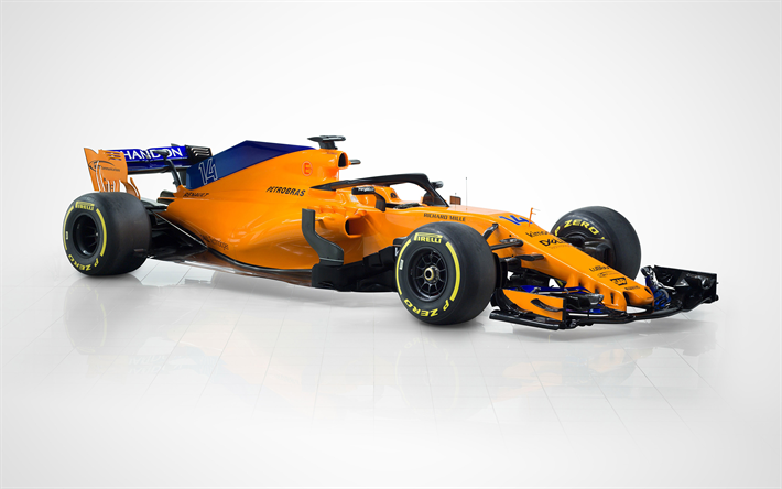 McLaren MCL33, 4K, 2018, nuova McLaren racing auto, vista frontale, esterno, F1, nuova protezione del pozzetto, innovazione F1, Formula 1, la McLaren