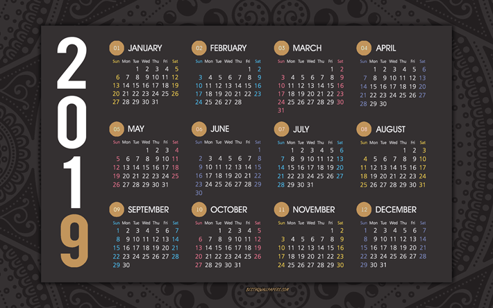 2019 calendario, todos los meses, la ornamentaci&#243;n de fondo negro, gris calendario para el a&#241;o 2019, patr&#243;n floral, arte creativo, 2019 conceptos, calendarios