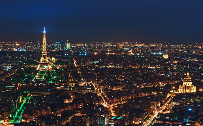 Pariisi, y&#246; maisema, kaupunkikuva, Eiffel-Torni, kaupungin valot, Ranskan p&#228;&#228;kaupunki, y&#246;, illalla, Ranska