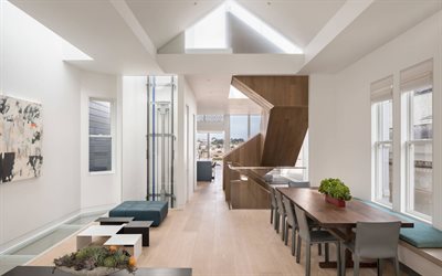 デザイナーズシェアハウスのアパート, 白壁, 居室, モダンなインテリアデザイン, 二階建てアパート, スタイリッシュデザインのための木製の階段