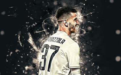 Leonardo Spinazzola, italian footballers, back view, Juventus FC, midfielder, soccer, Serie A, Spinazzola, Juve, neon lights, Bianconeri