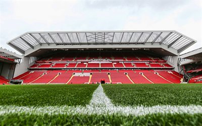 Anfield, empty stadium, Liverpool stadium, HDR, England, green grass, english stadiums, soccer, Liverpool, football stadiums, Anfield Road, Liverpool FC